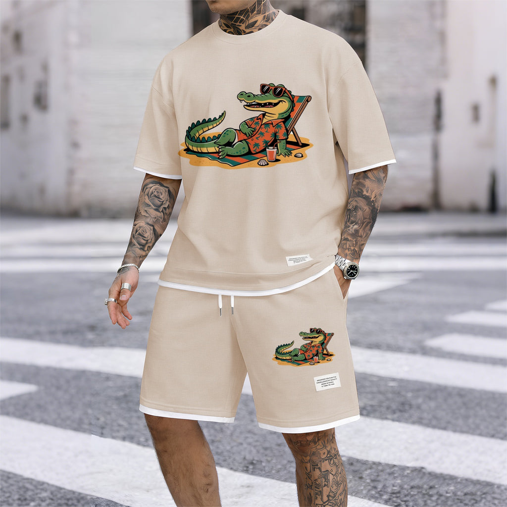 Men's Vacation Funny Animal Graphic Print Short Sleeve Shirt and Drawstring Shorts Set, Casual Summer Two-Piece Outfit, Lightweight Breathable Relaxed Fit Sportswear, Stylish Comfortable Daily Wear Beach Vacation Travel Loungewear