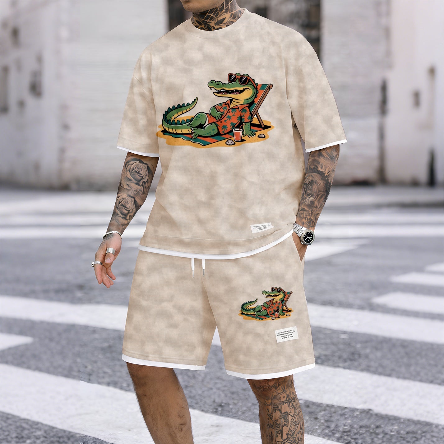 Men's Vacation Funny Animal Graphic Print Short Sleeve Shirt and Drawstring Shorts Set, Casual Summer Two-Piece Outfit, Lightweight Breathable Relaxed Fit Sportswear, Stylish Comfortable Daily Wear Beach Vacation Travel Loungewear