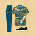 Men's Casual Dark Green Crane Printed Short-Sleeve T-Shirt And Pants Two-Piece Set