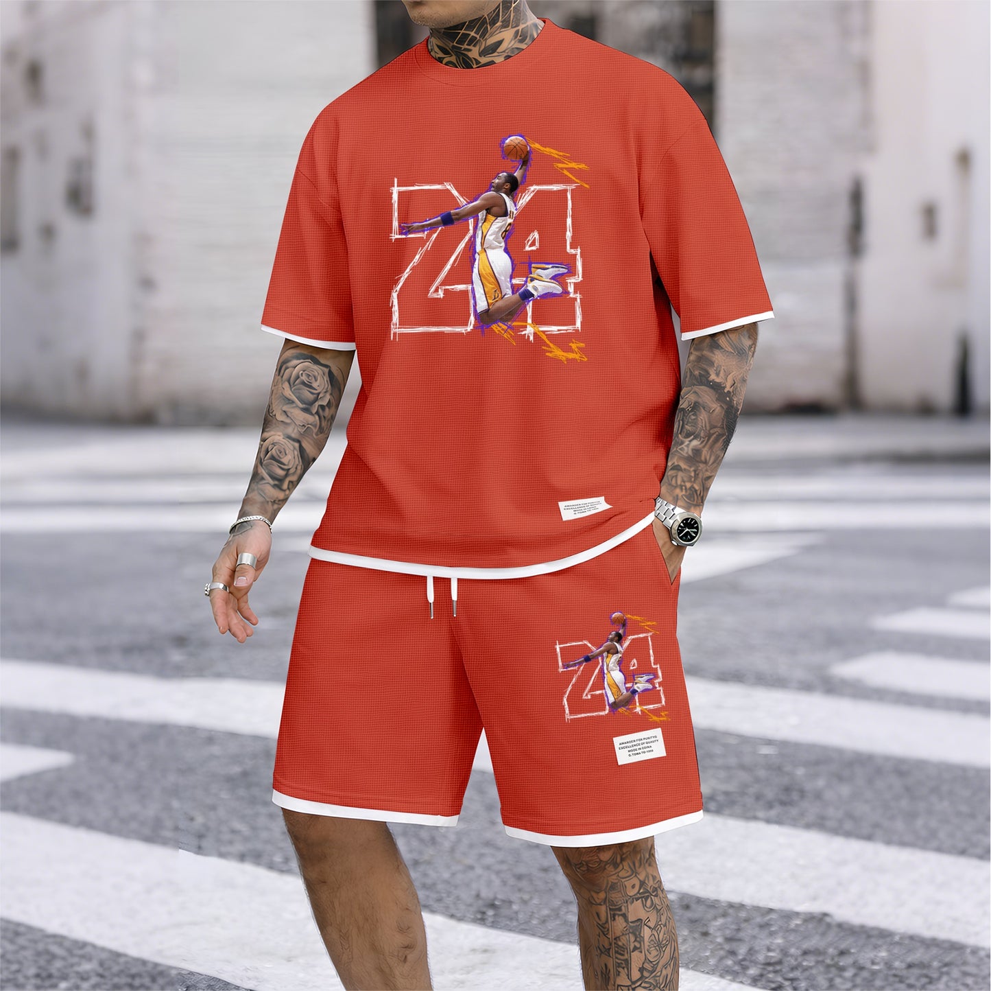 Men's No.24 Basketball Dunk Art Print Short Sleeve T-Shirt & Shorts Set, Summer Lightweight Waffle Sporty Casual Two-Piece Outfit, Streetwear for Basketball, Gym & Daily Wear