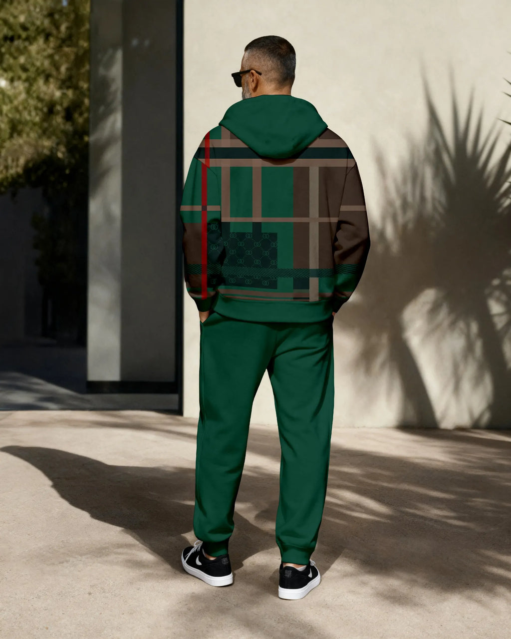 Men's Retro Luxury Thickened Fleece Colorblock Jacket Sports Hoodie Set 04