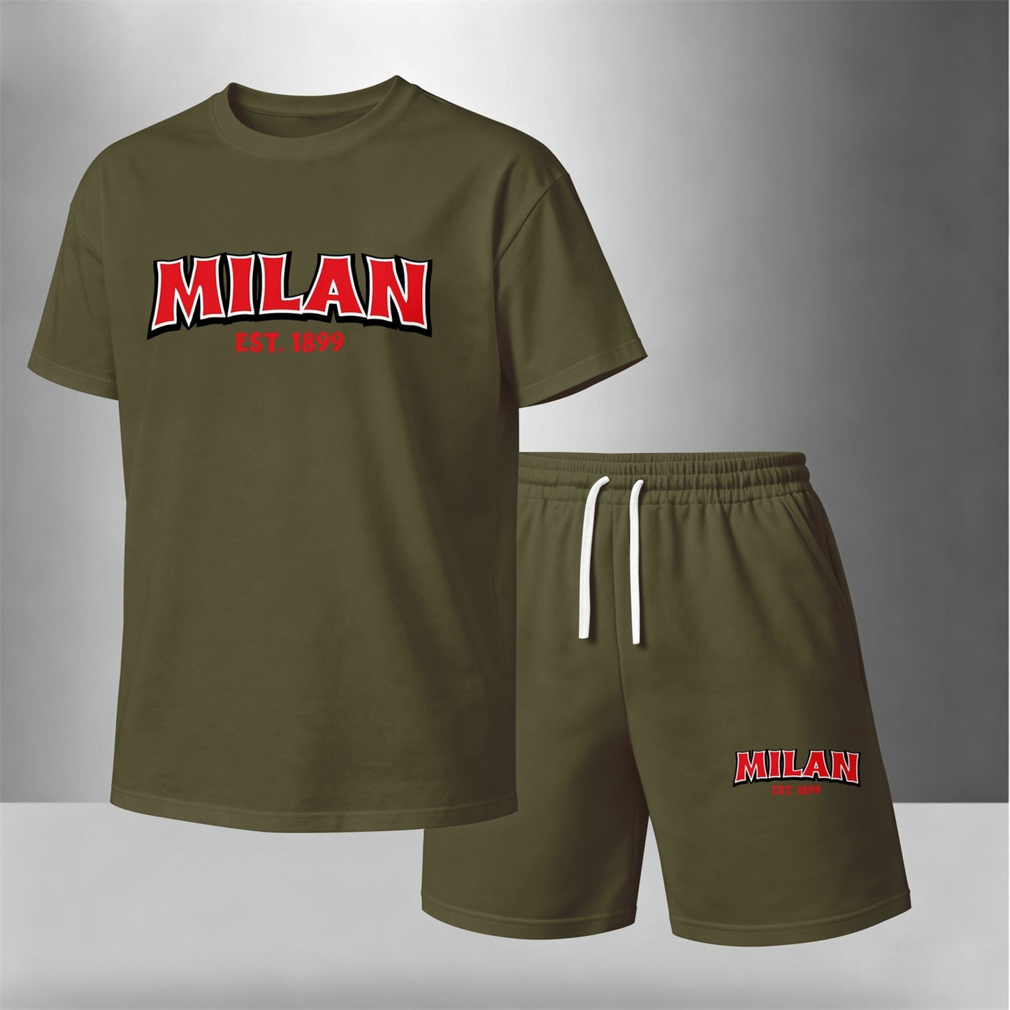 Men's Summer Two-Piece Set: Featuring a short-sleeve T-shirt with a "Milan" letter print paired with drawstring shorts, this lightweight and breathable casual outfit is perfect for the beach, vacations, workouts, travel, running, and everyday wear.