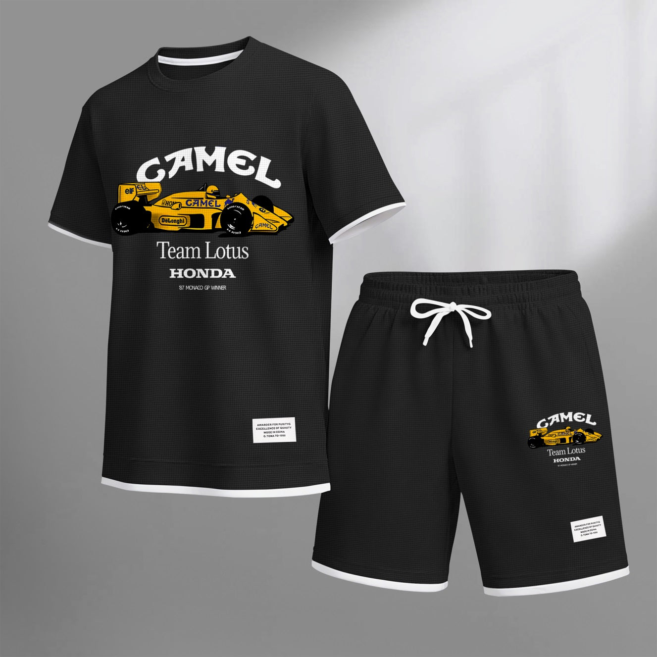 Men's Classic Racing Print Waffle Fabric Short-Sleeved Shirt And Shorts Set