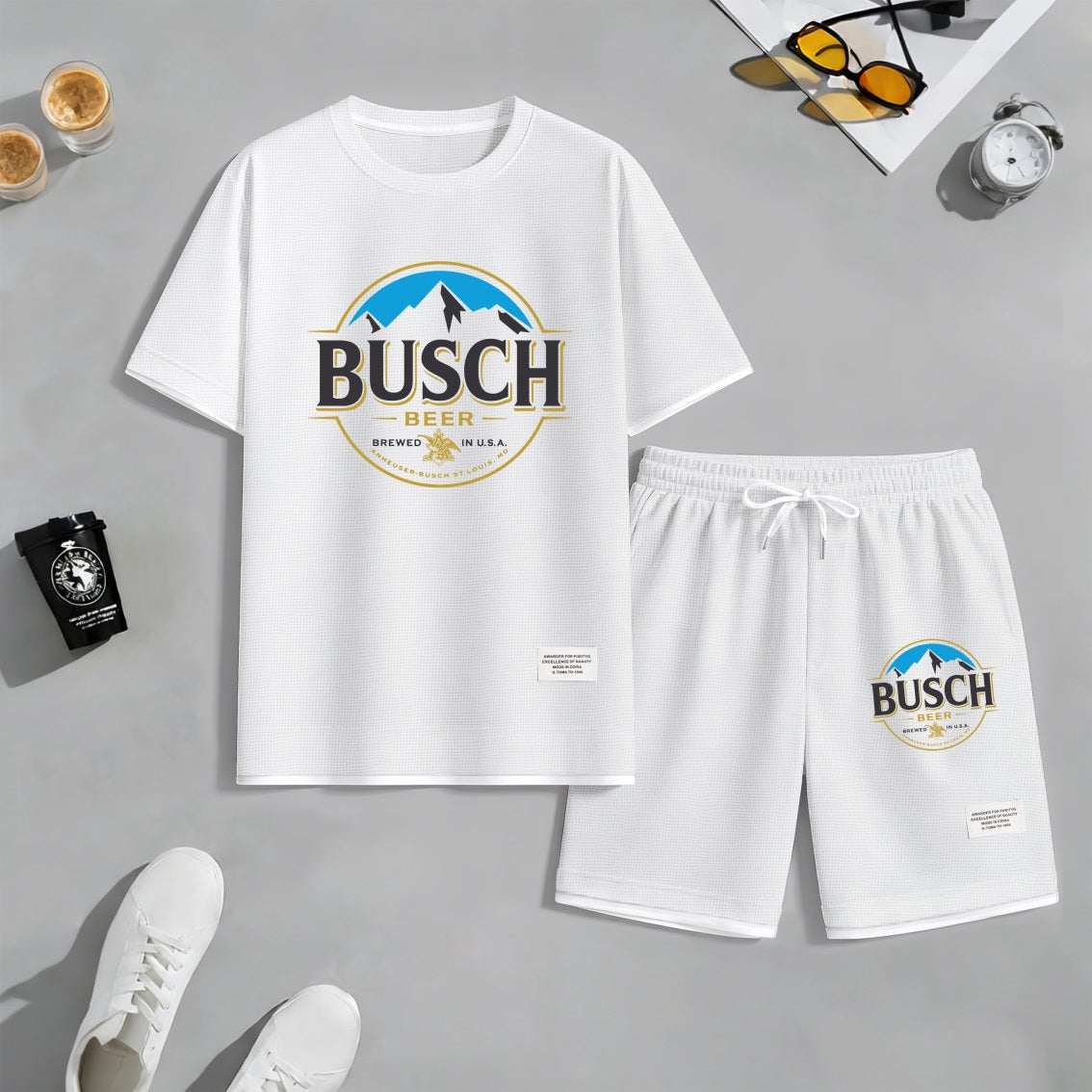 Men's Retro Draft Beer Print Waffle Fabric Short-Sleeved Shirt And Shorts Set