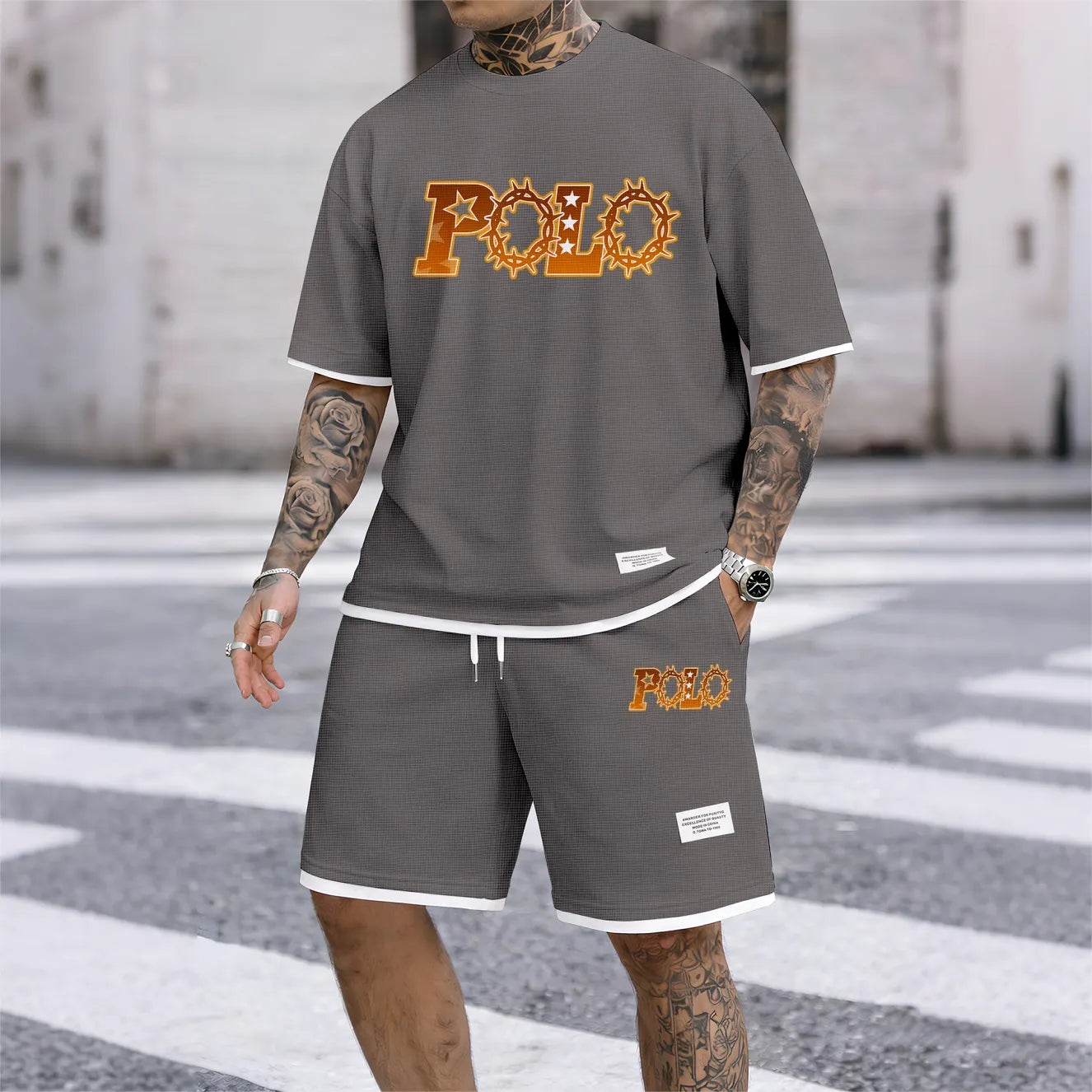 Men's Retro Thorns Print Waffle Fabric Short-Sleeved Shirt And Shorts Set