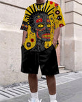 Men's Summer Retro Printed Round Neck Set 816
