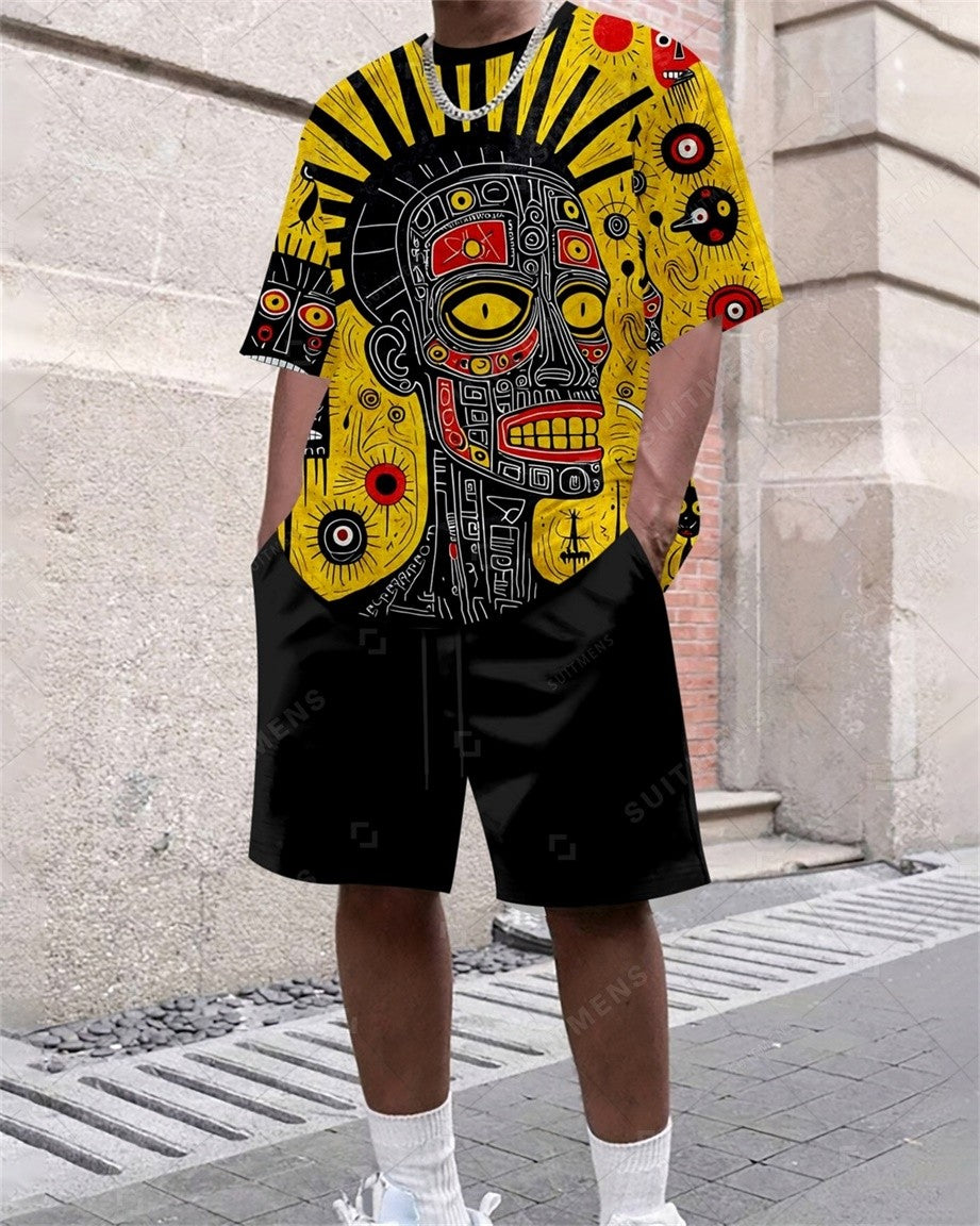Men's Summer Retro Printed Round Neck Set 816
