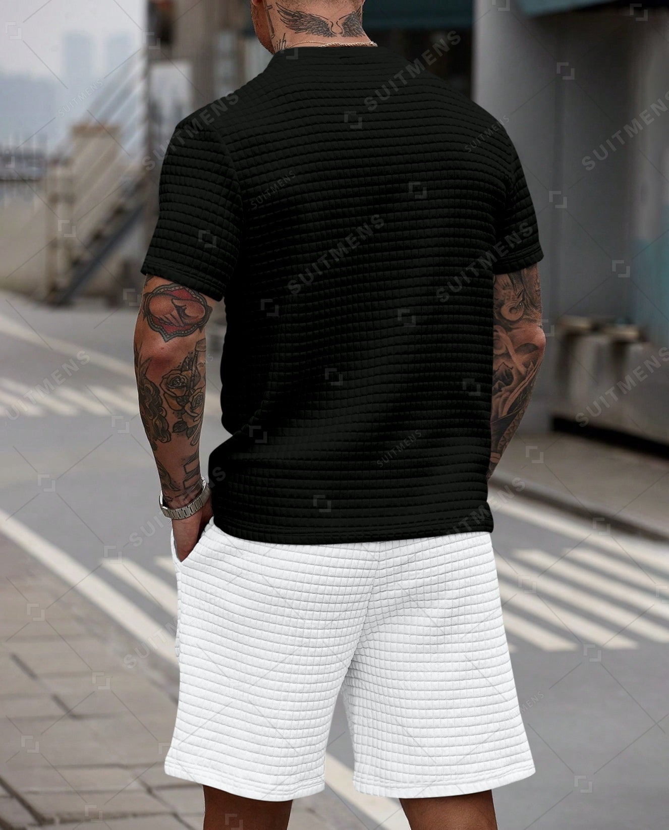 Men's Casual Waffle Textured Summer Round Neck Short Sleeve Shorts Set 003