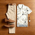 Men's Casual White Crane Printed Polo Shirt And Pants Two-Piece Set