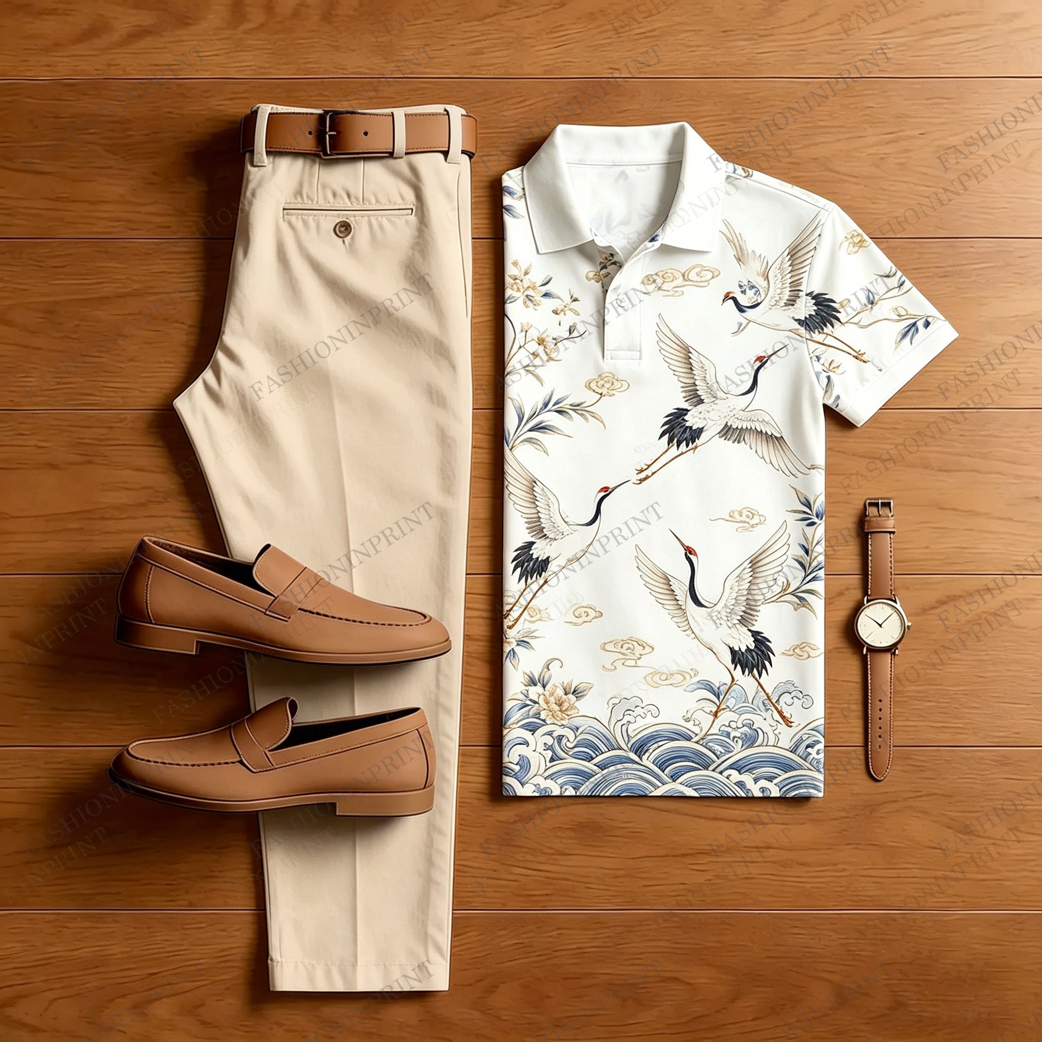 Men's Casual White Crane Printed Polo Shirt And Pants Two-Piece Set