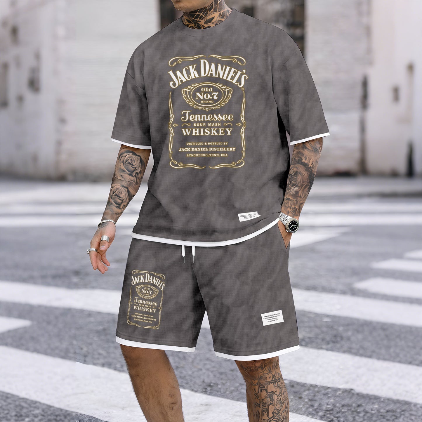 Men's Beer And Beverage Printed Drawstring Shorts Set, Suitable For Spring And Summer Wear, Casual Summer Set, Including Short-Sleeved Shirt And Shorts, Suitable For Everyday Wear And Sports 03