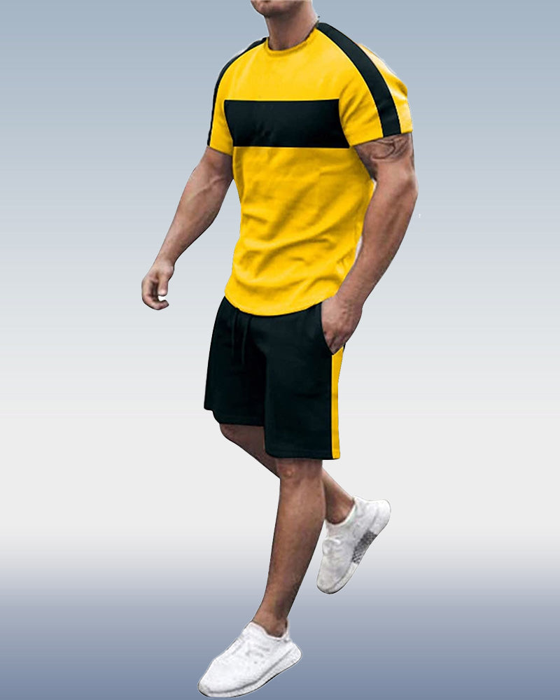 Suitmens Men's Simple Colorblock Print Shorts Set 074