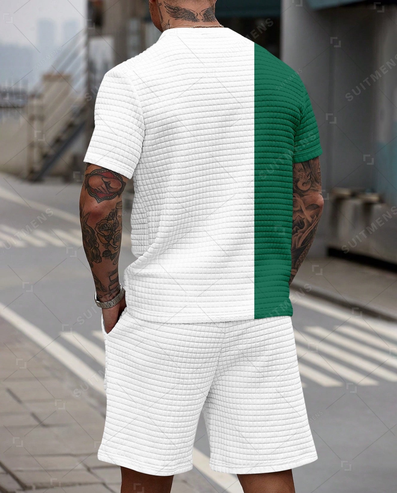 Men's Casual Waffle Textured Summer Round Neck Short Sleeve Shorts Set 0010