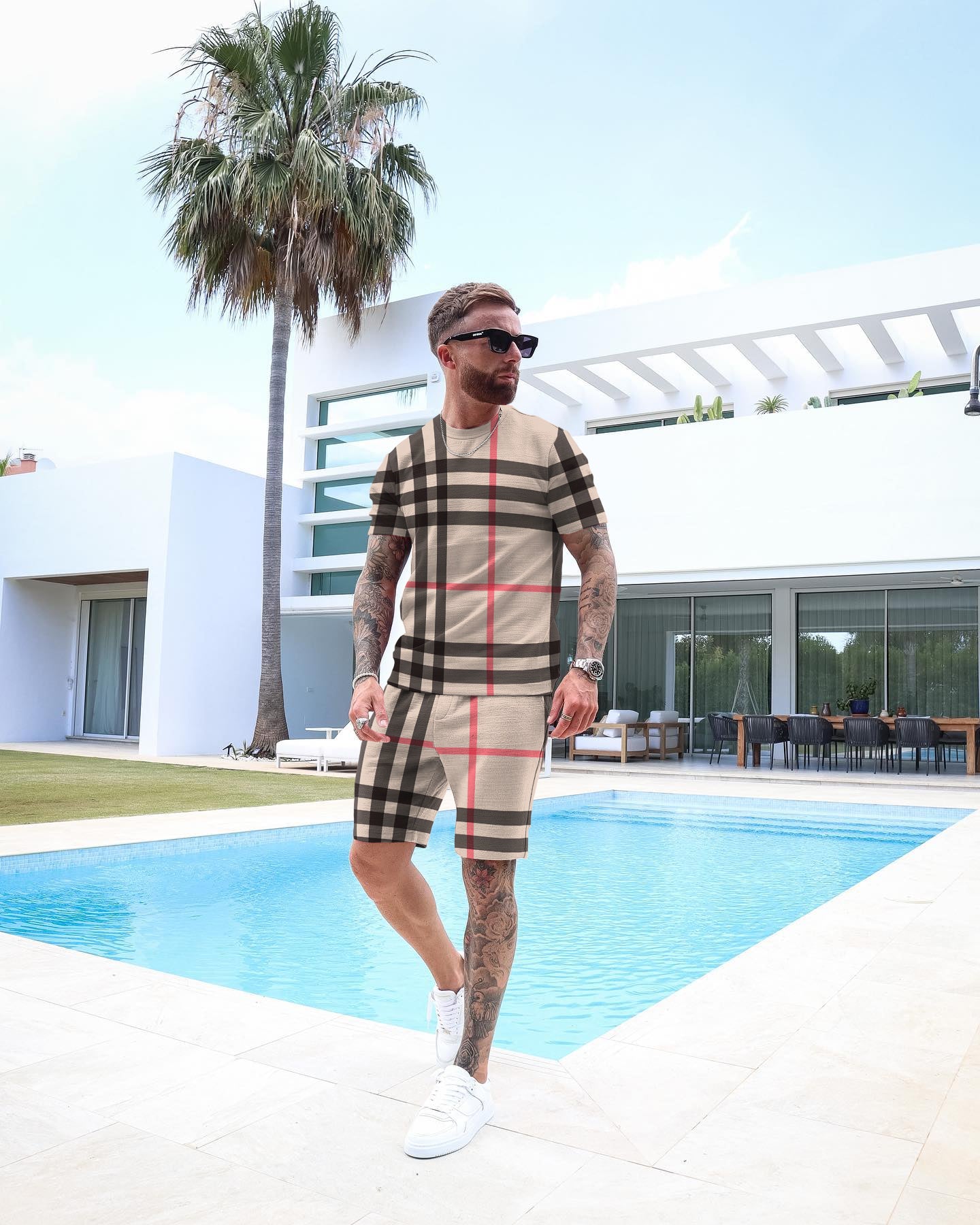 Men's Check Print Shorts Set 32