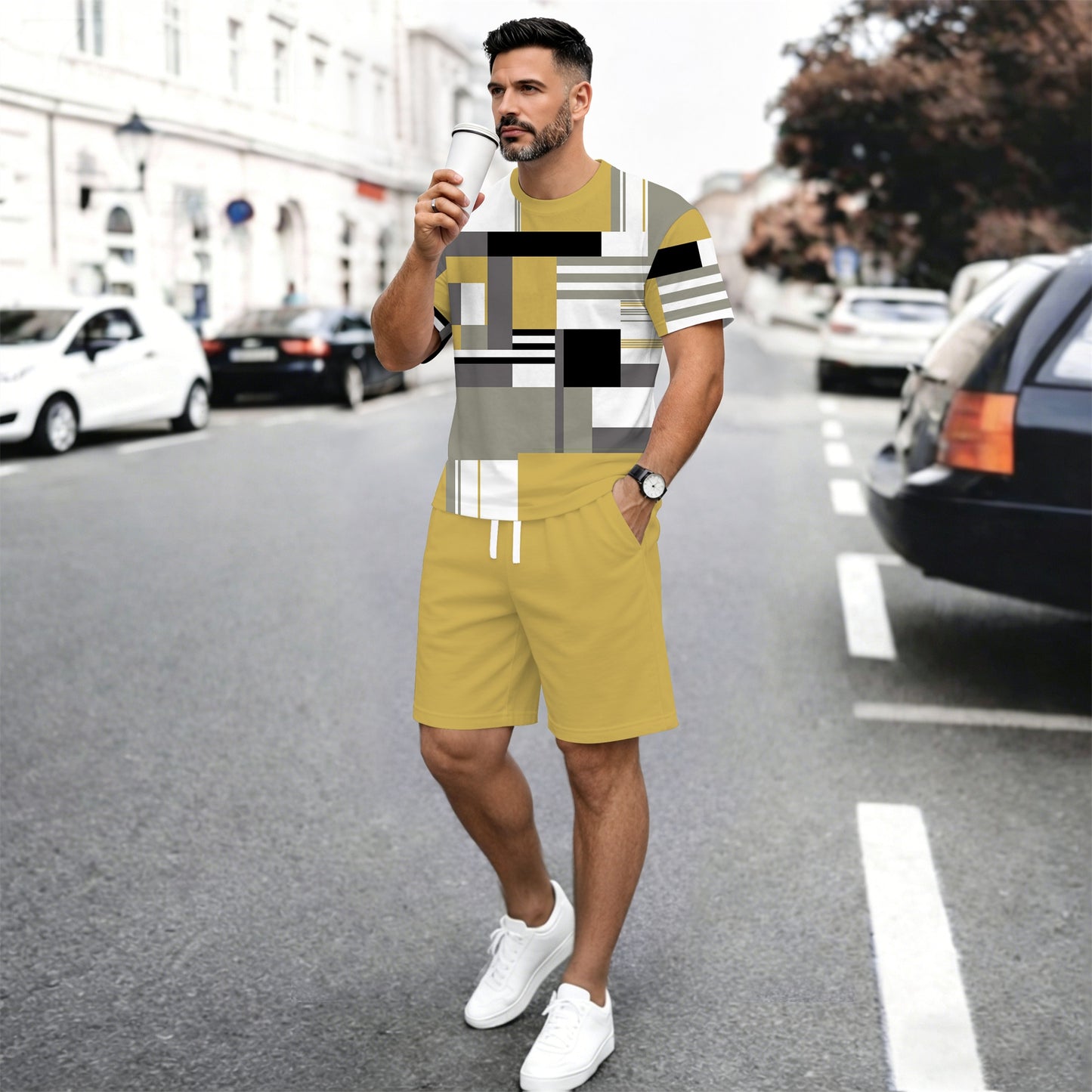 Men’s Casual Graphic T Shirt and Shorts Set, Geometric Pattern Summer 2 Piece Outfit, Soft Breathable Matching Set with Drawstring Shorts for Beach, Outdoor Activities, Travel, Workout, and Everyday Style