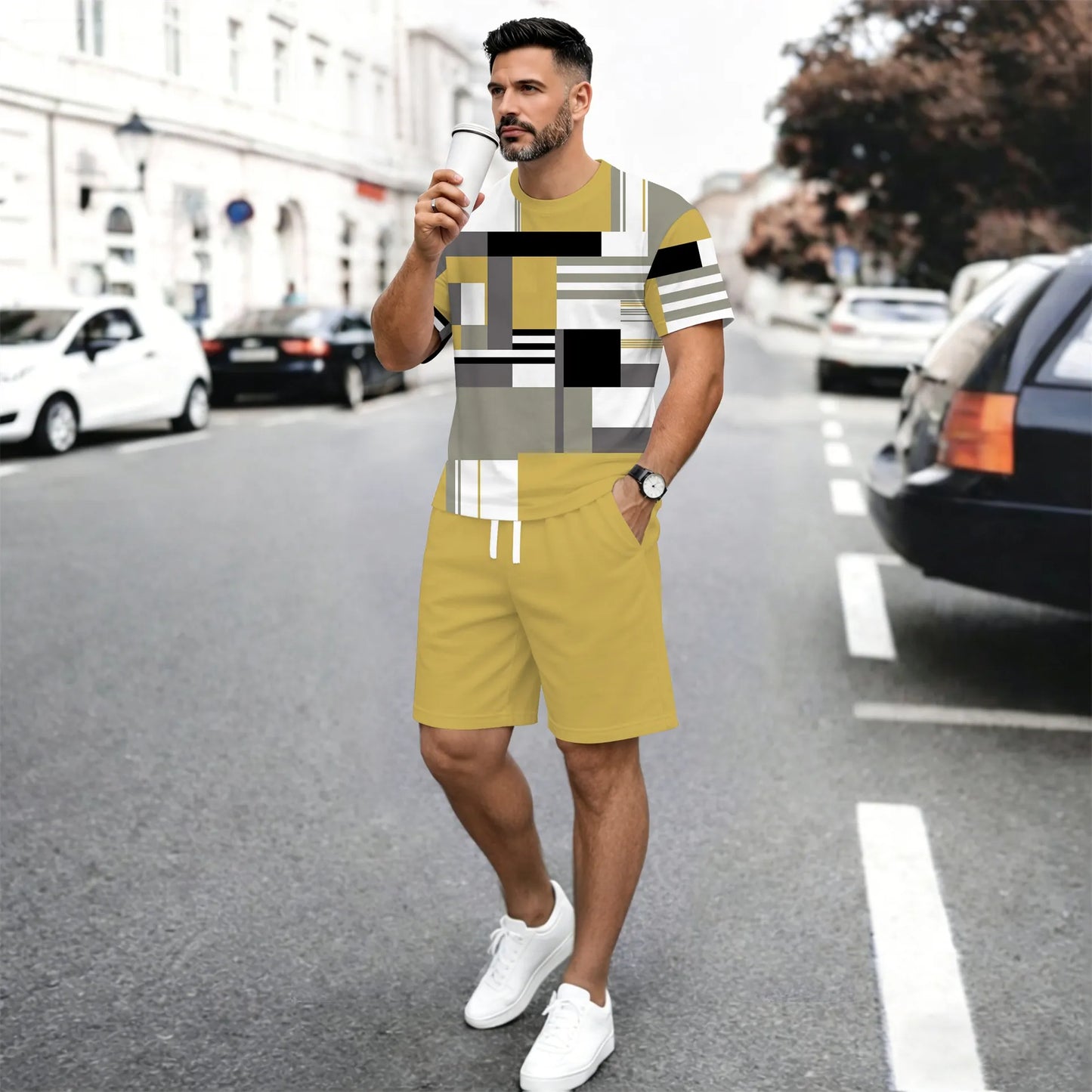 Men’s Casual Graphic T Shirt and Shorts Set, Geometric Pattern Summer 2 Piece Outfit, Soft Breathable Matching Set with Drawstring Shorts for Beach, Outdoor Activities, Travel, Workout, and Everyday Style