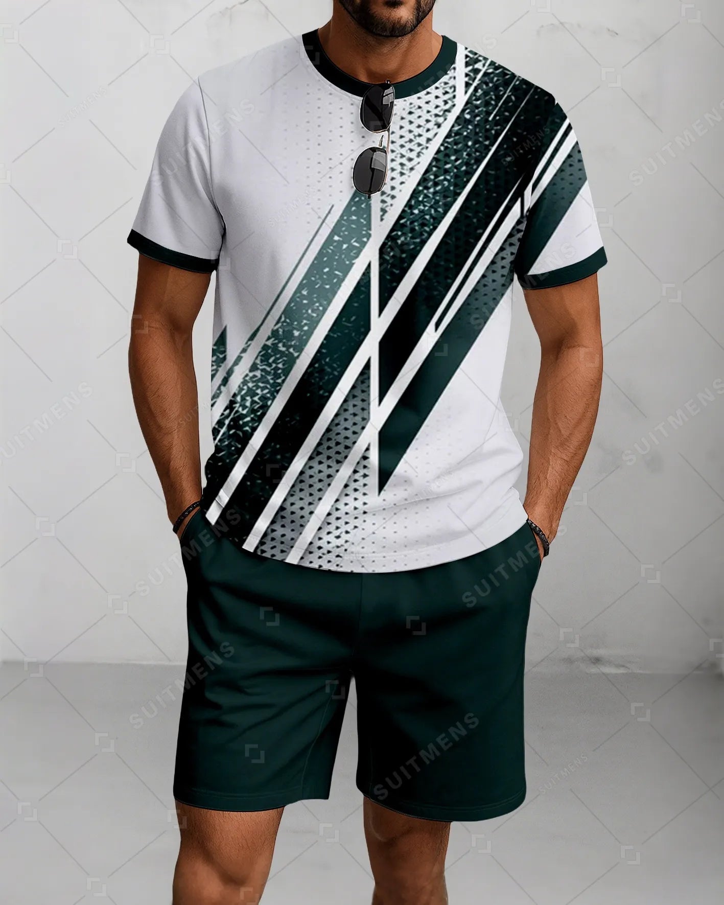Men's Summer Colorblock Printed Round Neck Suit 061