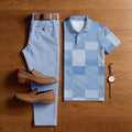 Men's Casual Blue & Purple Color Matching Checkered Printed Short Sleeved Polo Shirt & Trousers Two-Piece Set