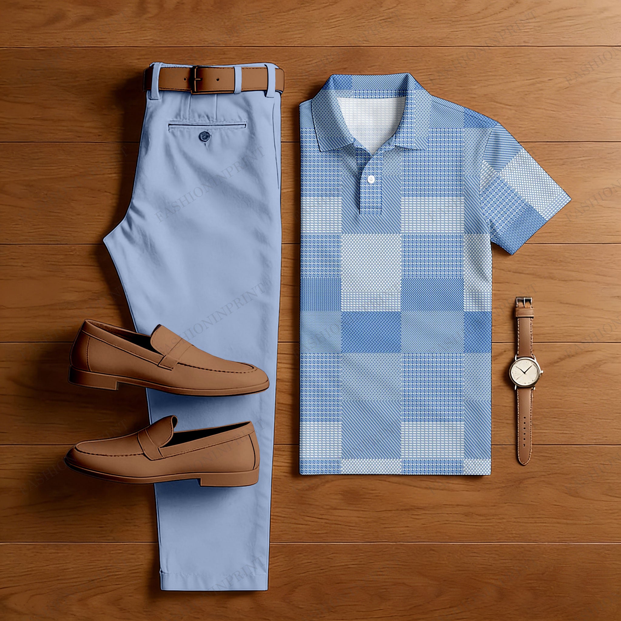 Men's Casual Blue & Purple Color Matching Checkered Printed Short Sleeved Polo Shirt & Trousers Two-Piece Set