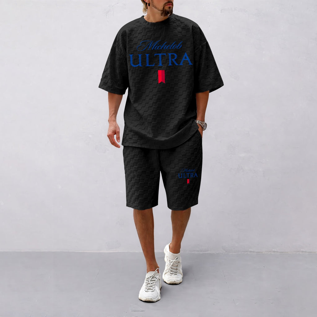 Men's Spring/Summer Drawstring Shorts Set featuring Beverage-Print Plaid Fabric—A casual summer ensemble comprising a short-sleeve shirt and shorts, ideal for both daily wear and athletic activities