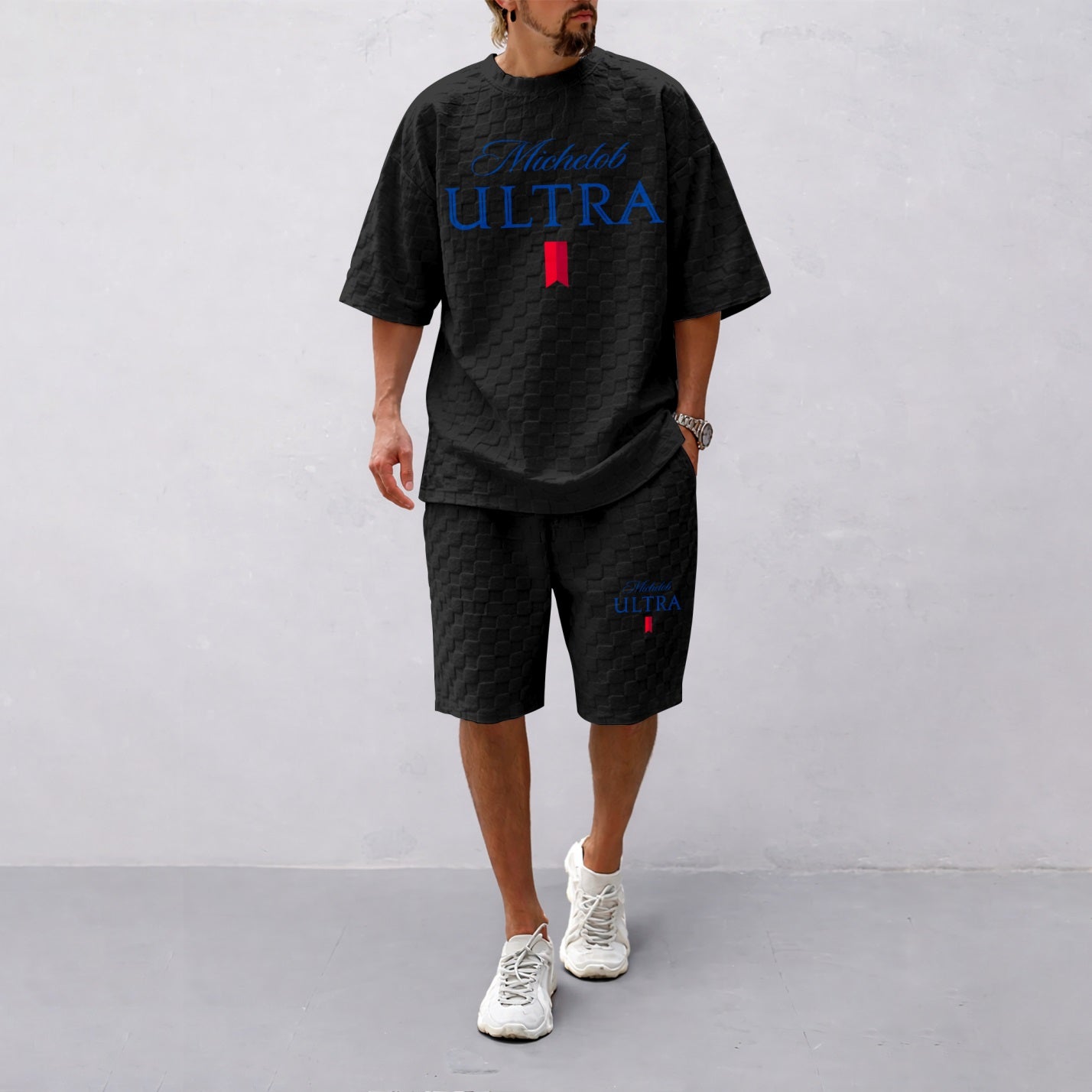 Men's Spring/Summer Drawstring Shorts Set featuring Beverage-Print Plaid Fabric—A casual summer ensemble comprising a short-sleeve shirt and shorts, ideal for both daily wear and athletic activities
