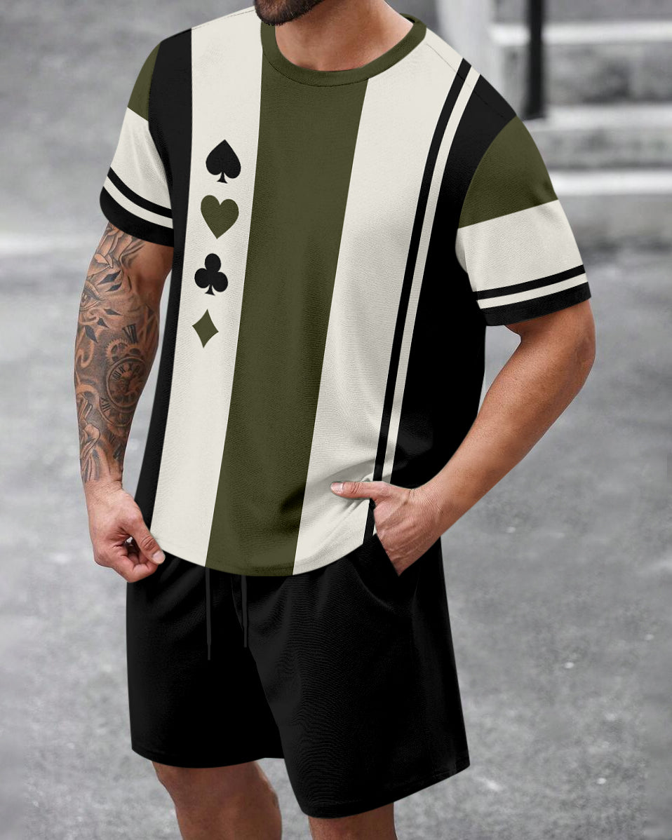 Men's Summer Colorblock Printed Round Neck Set 475