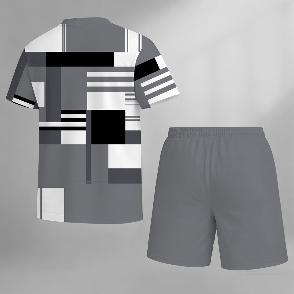 Men’s Casual Graphic T Shirt and Shorts Set, Geometric Pattern Summer 2 Piece Outfit, Soft Breathable Matching Set with Drawstring Shorts for Beach, Outdoor Activities, Travel, Workout, and Everyday Style