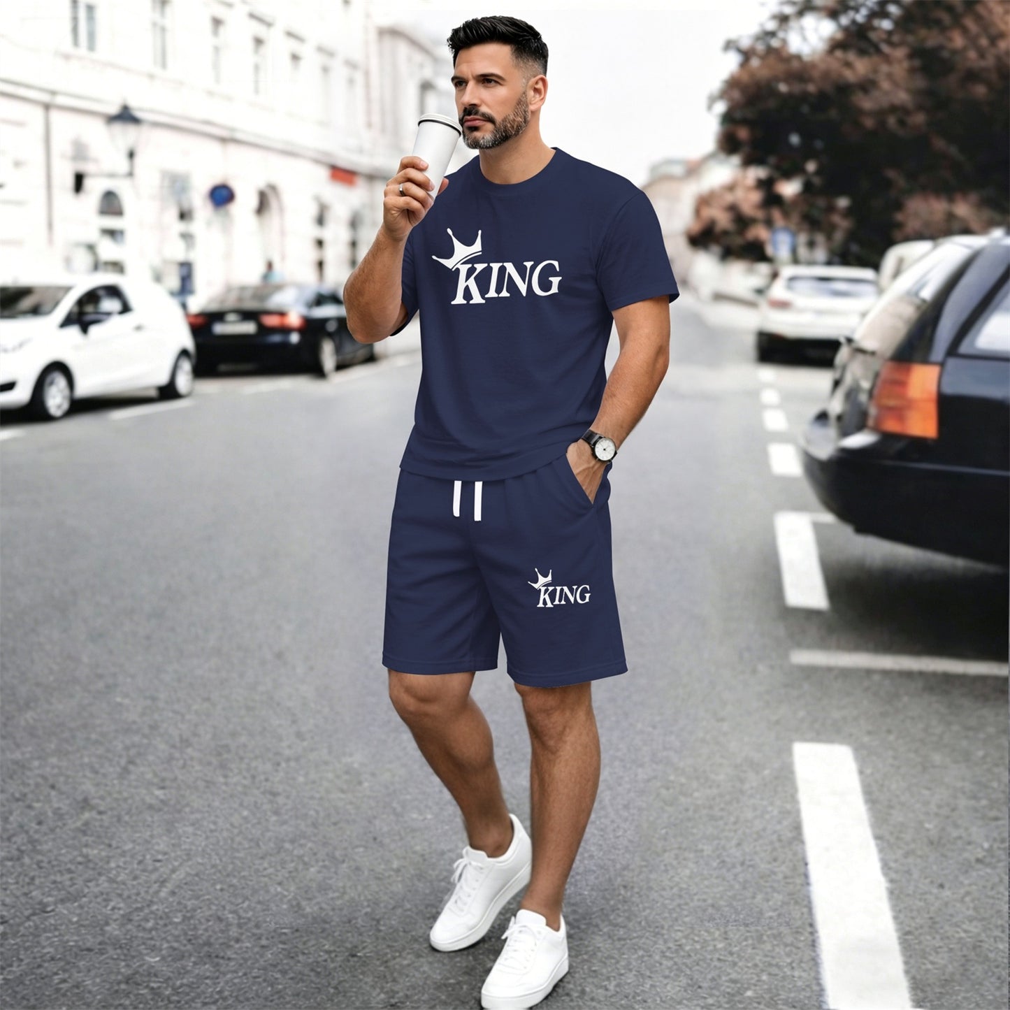 Men’s Summer 2 Piece Set, KING Crown Print Short Sleeve T Shirt and Drawstring Shorts Matching Outfit, Lightweight Breathable Casual Set for Beach, Vacation, Gym, Travel, Running, and Daily Wear
