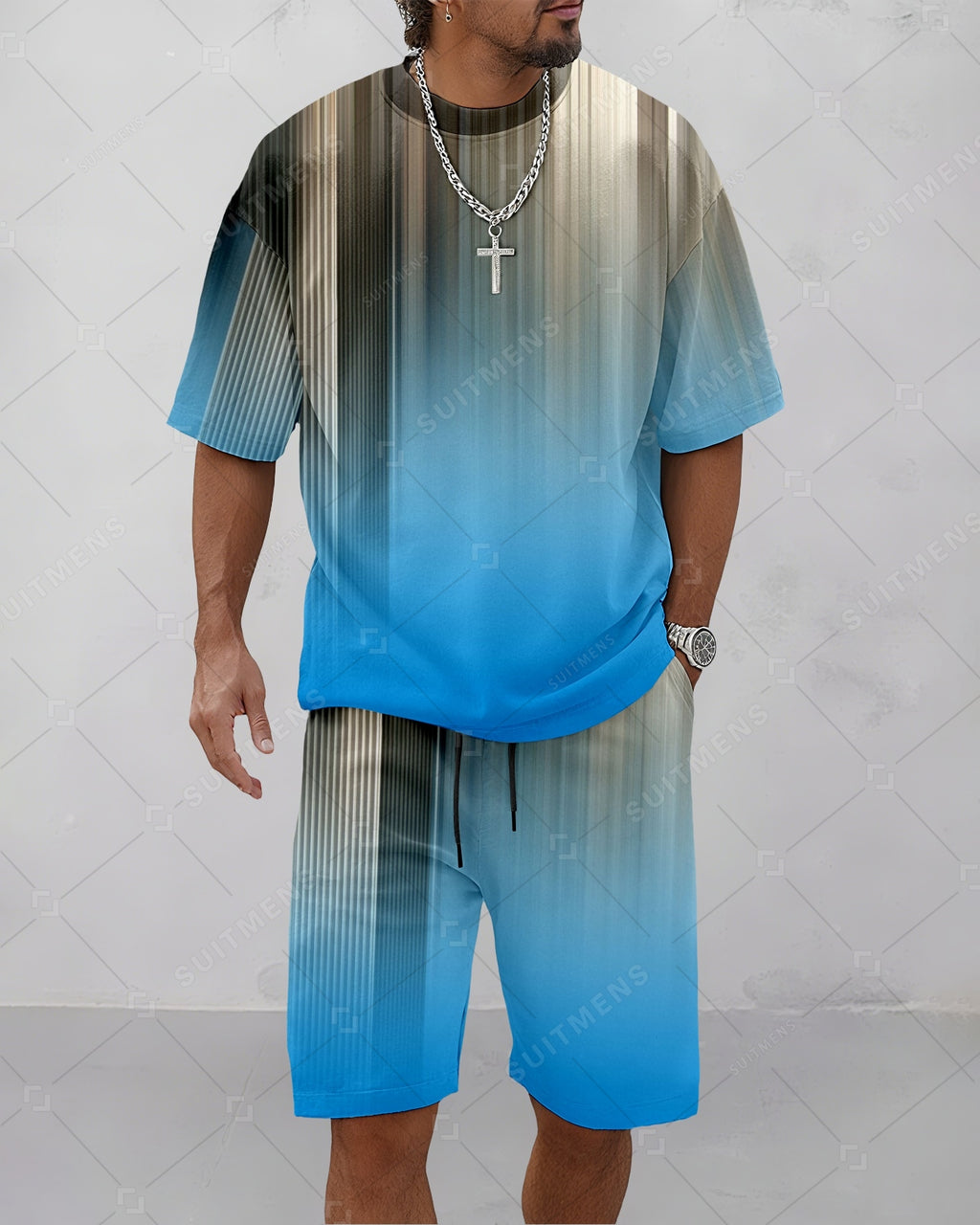 Men's Summer Colorblock Printed Round Neck Suit 064