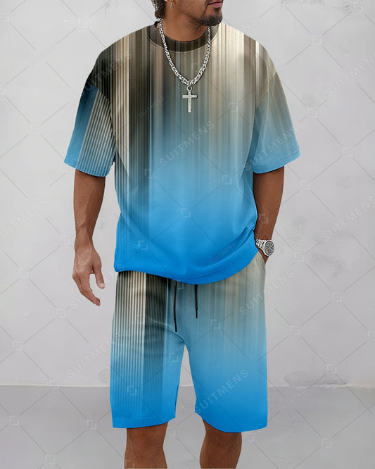 Men's Summer Colorblock Printed Round Neck Suit 064