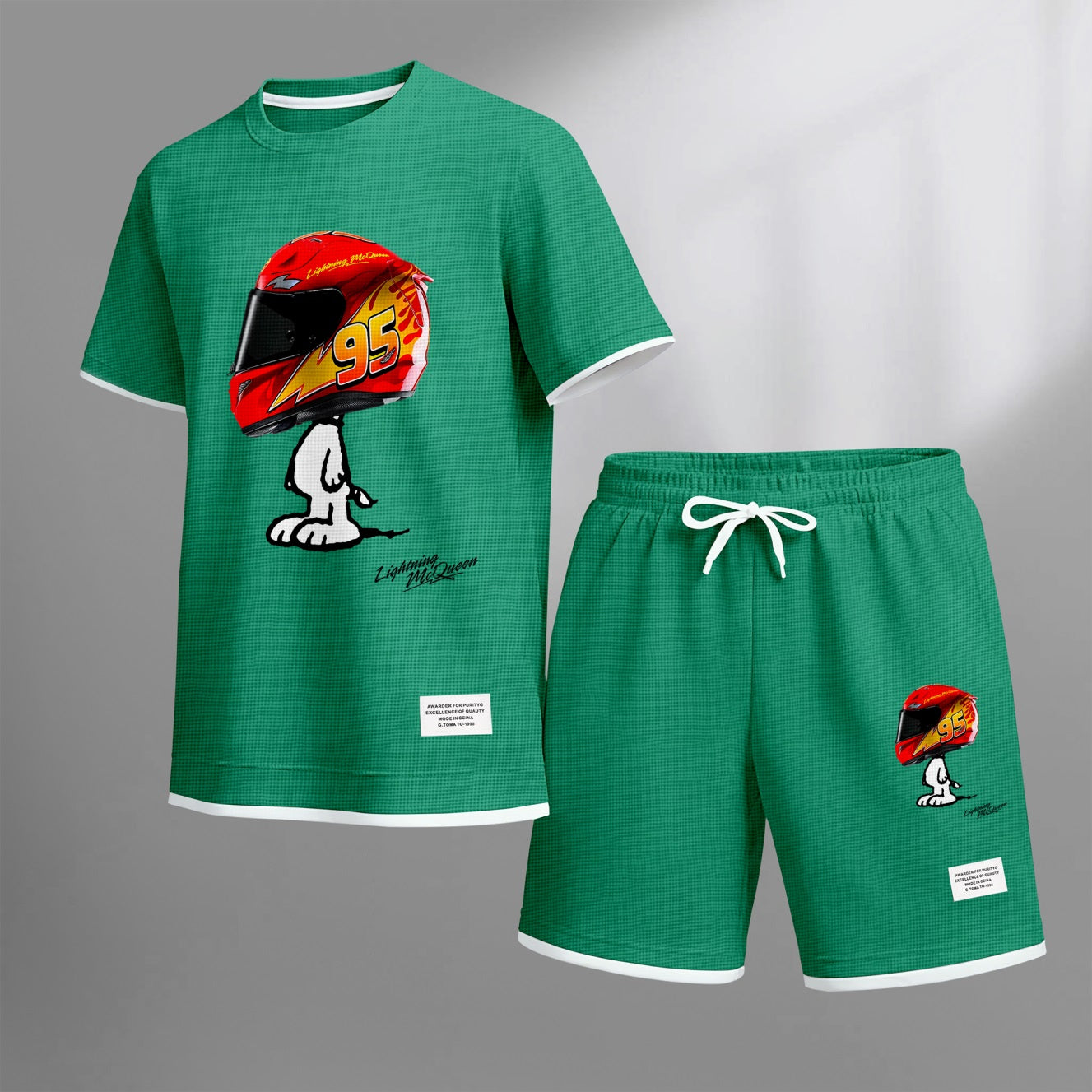 Men's Classic Racing Print Waffle Fabric Short-Sleeved Shirt And Shorts Set