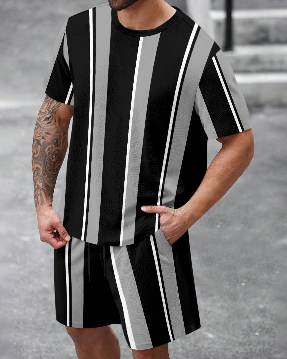 Men's Summer Colorblock Printed Round Neck Set 462