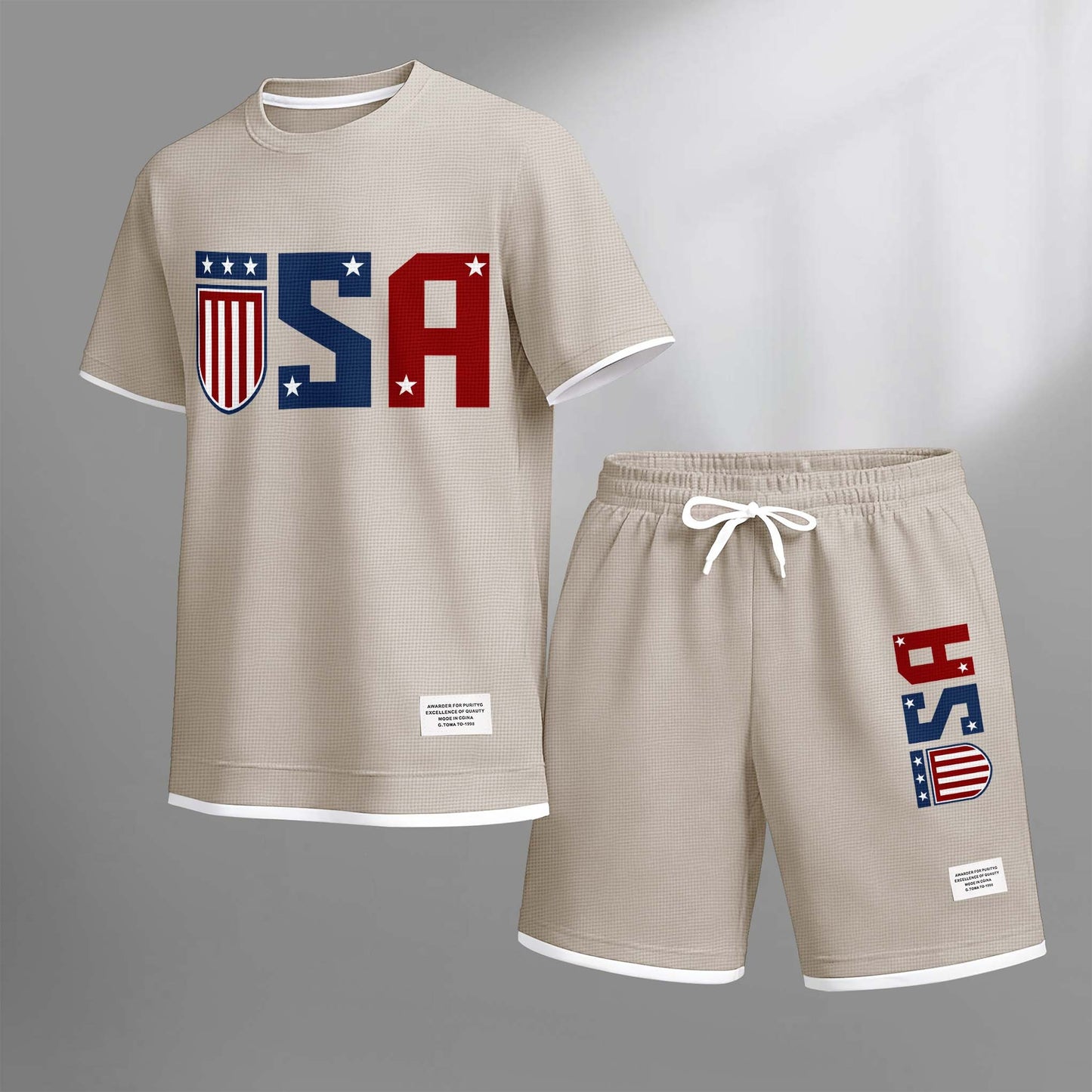 Men's USA Star Print Drawstring Shorts Set For Spring/Summer. A Casual Summer Outfit, Including A Short-Sleeved Shirt And Shorts, Suitable For Everyday Wear And Sports. A Two-Piece Set For A Relaxed And Energetic Lifestyle.