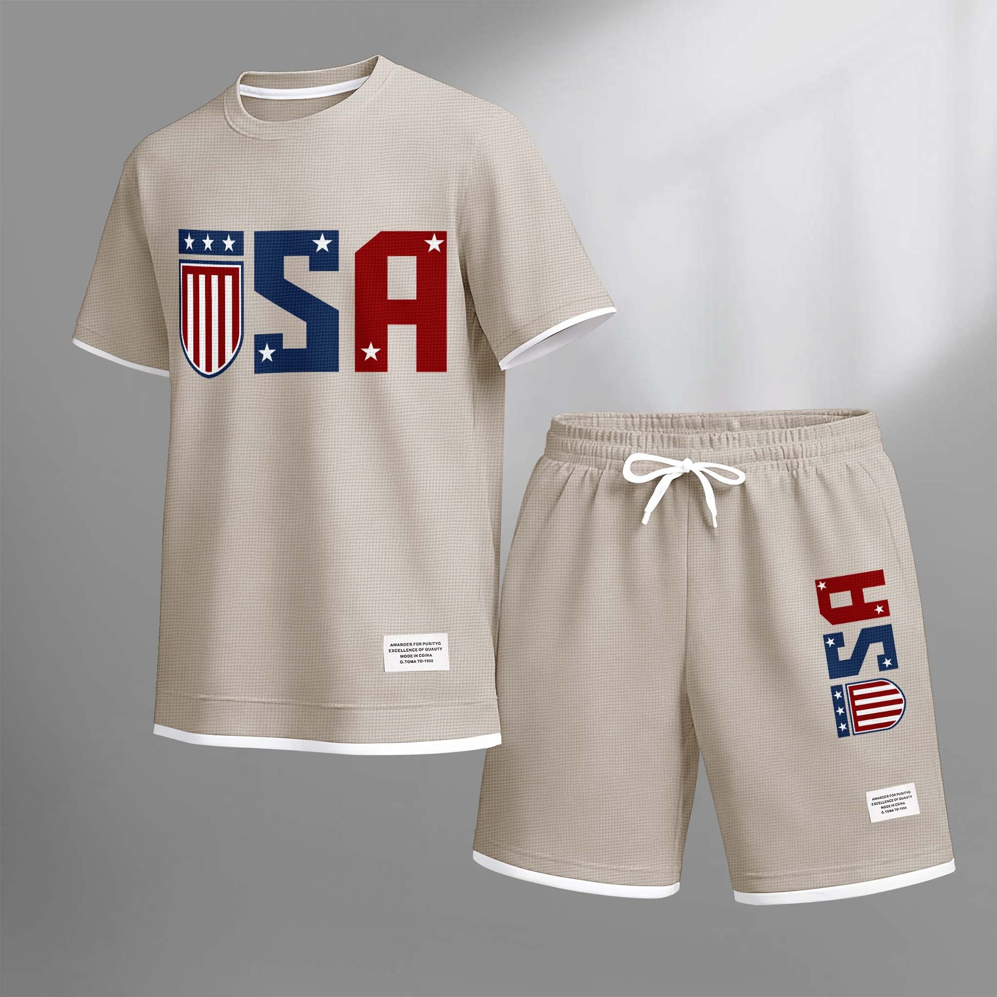Men's USA Star Print Drawstring Shorts Set For Spring/Summer. A Casual Summer Outfit, Including A Short-Sleeved Shirt And Shorts, Suitable For Everyday Wear And Sports. A Two-Piece Set For A Relaxed And Energetic Lifestyle.