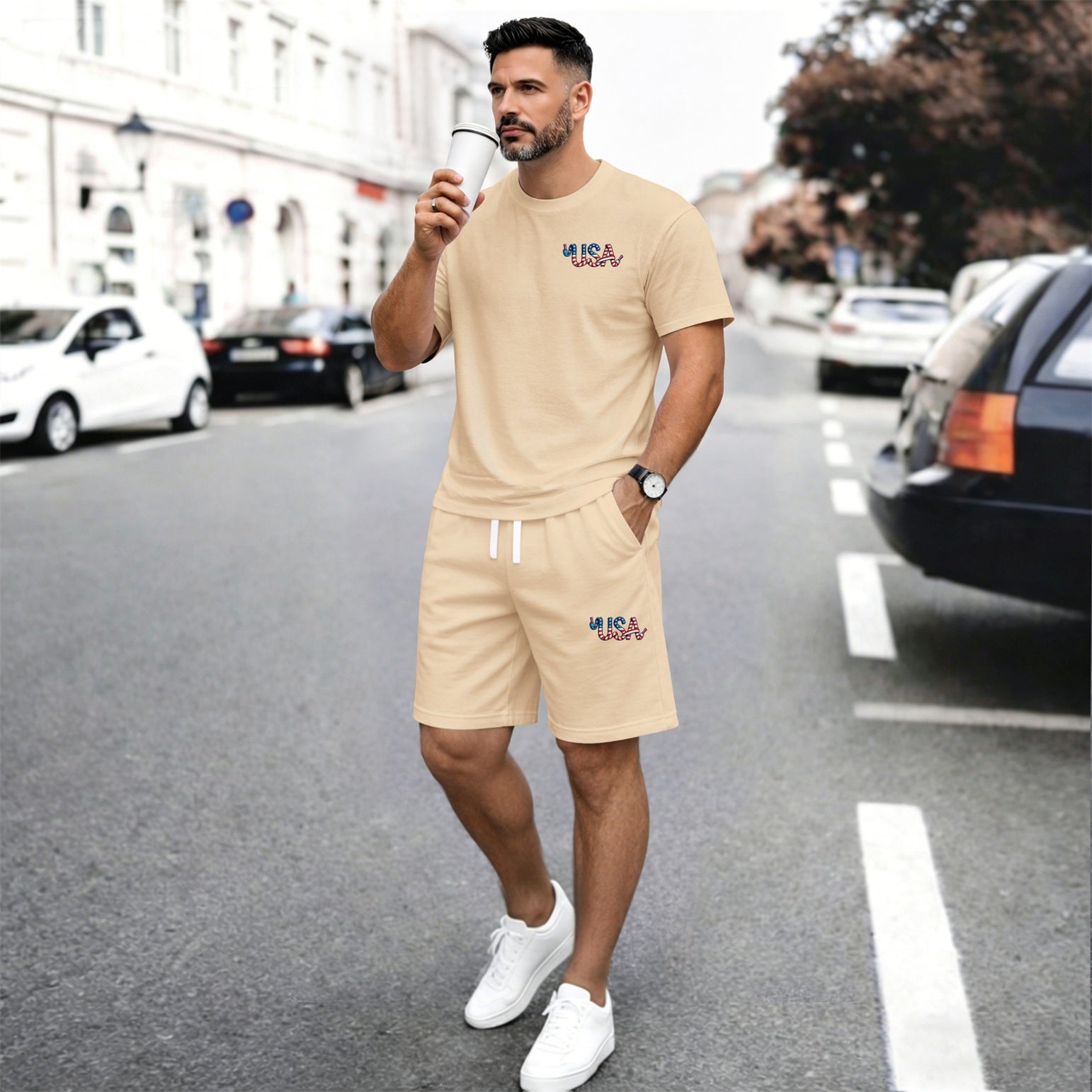 Men’s Summer 2 Piece Set, Heartbeat Line Print Short Sleeve T Shirt and Drawstring Shorts Matching Outfit, Lightweight Breathable Casual Set for Beach, Vacation, Gym, Travel, Running, and Daily Wear