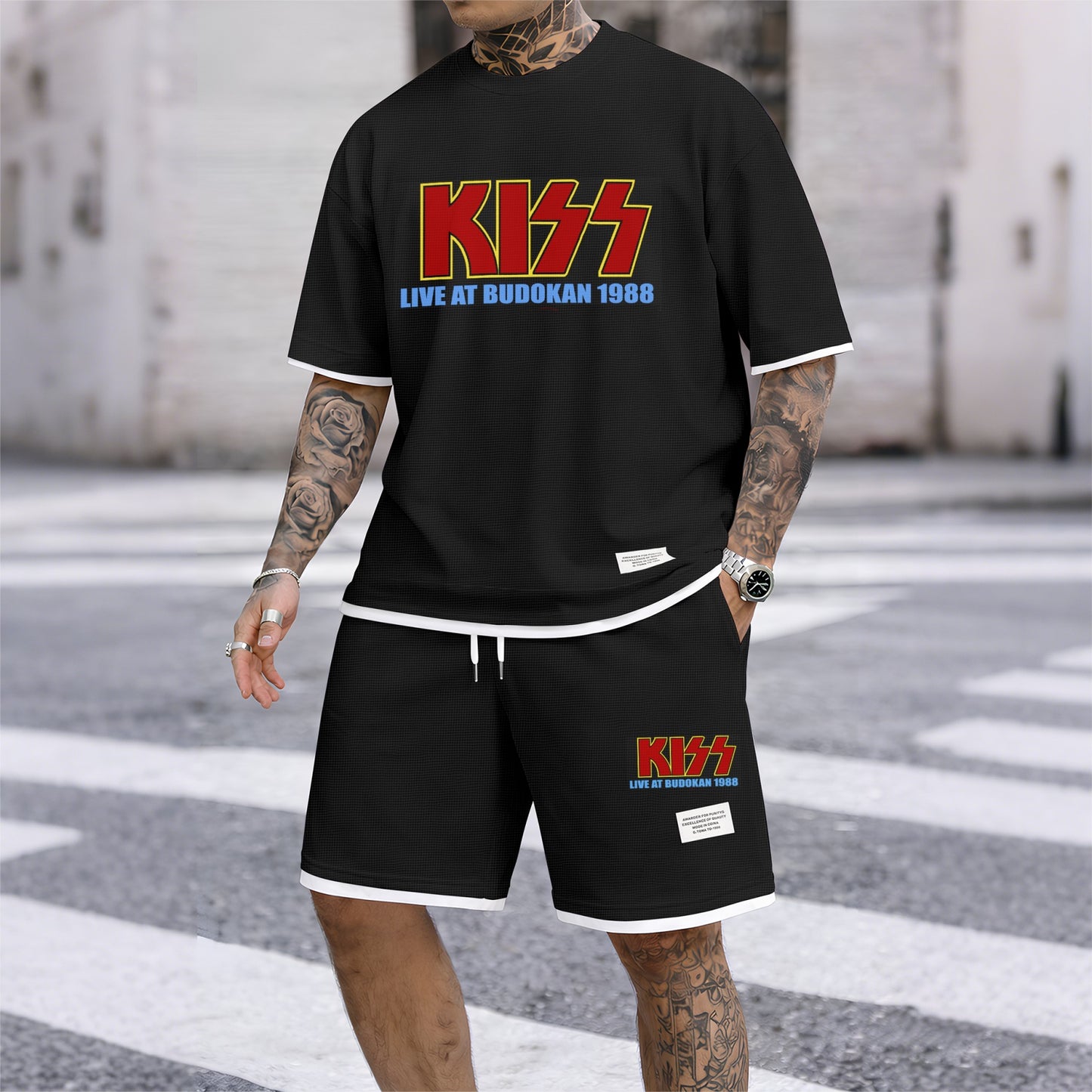 Men's KISS Print Short Sleeve Shirt and Drawstring Shorts Set, Casual Summer Two-Piece Outfit, Lightweight Breathable Relaxed Fit Athletic Set for Daily Wear, Beach, Vacation, Travel and Loungewear