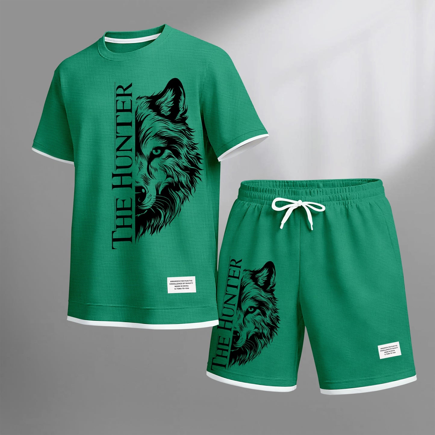 Men's "The Hunter" Wolf Head Graphic Print Waffle Short Sleeve T-Shirt & Shorts Set, Summer Lightweight Casual Sporty Two-Piece Outfit, Streetwear for Gym & Daily Wear