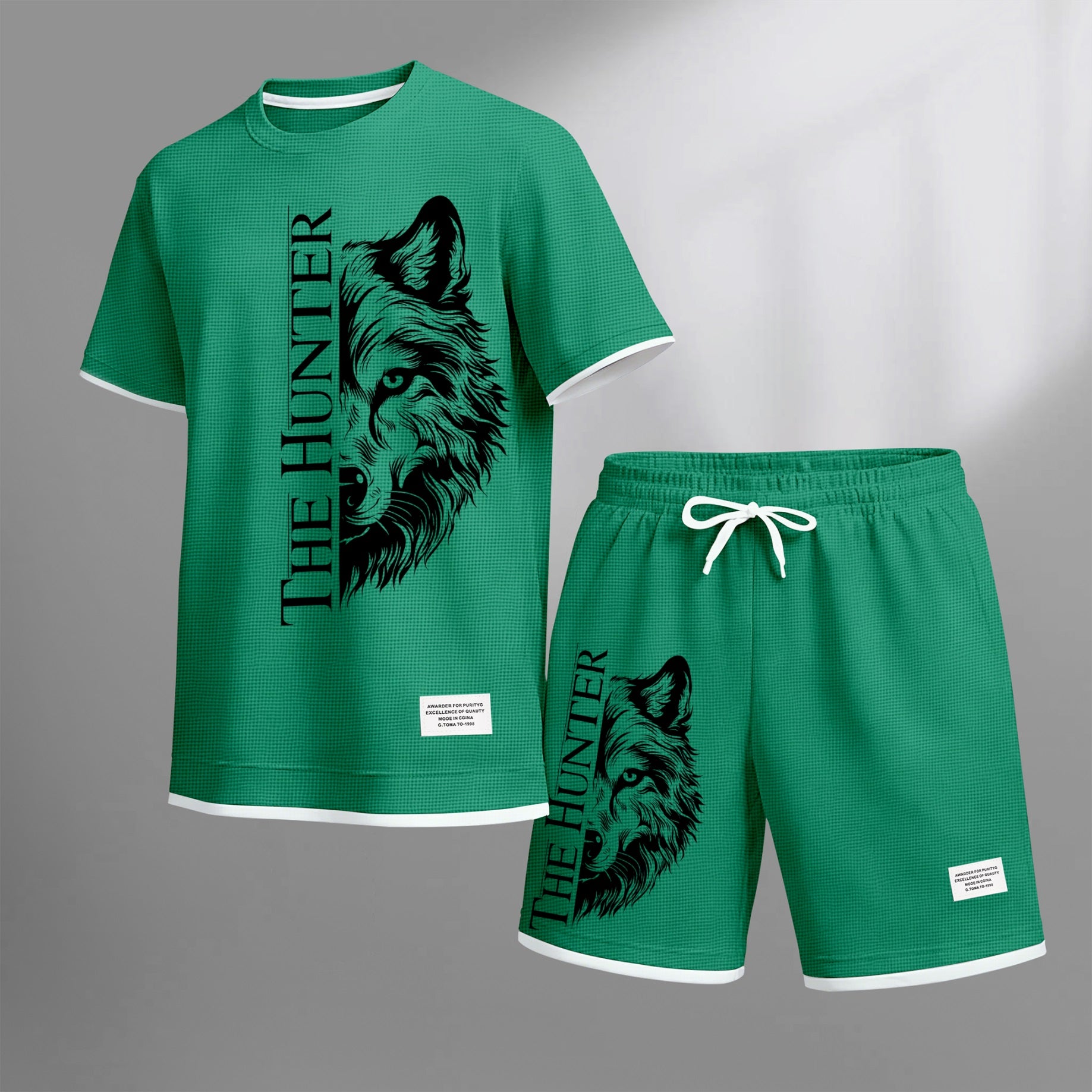 Men's "The Hunter" Wolf Head Graphic Print Waffle Short Sleeve T-Shirt & Shorts Set, Summer Lightweight Casual Sporty Two-Piece Outfit, Streetwear for Gym & Daily Wear