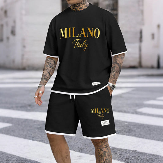 Men's Milano Graphic Print Short Sleeve Shirt and Drawstring Shorts Set, Casual Summer Two-Piece Outfit, Lightweight Breathable Relaxed Fit Athletic Set for Daily Wear, Beach, Vacation, Travel & Loungewear
