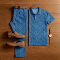 Men's Casual Blue Plaid Printed Polo Shirt And Pants Two-Piece Set