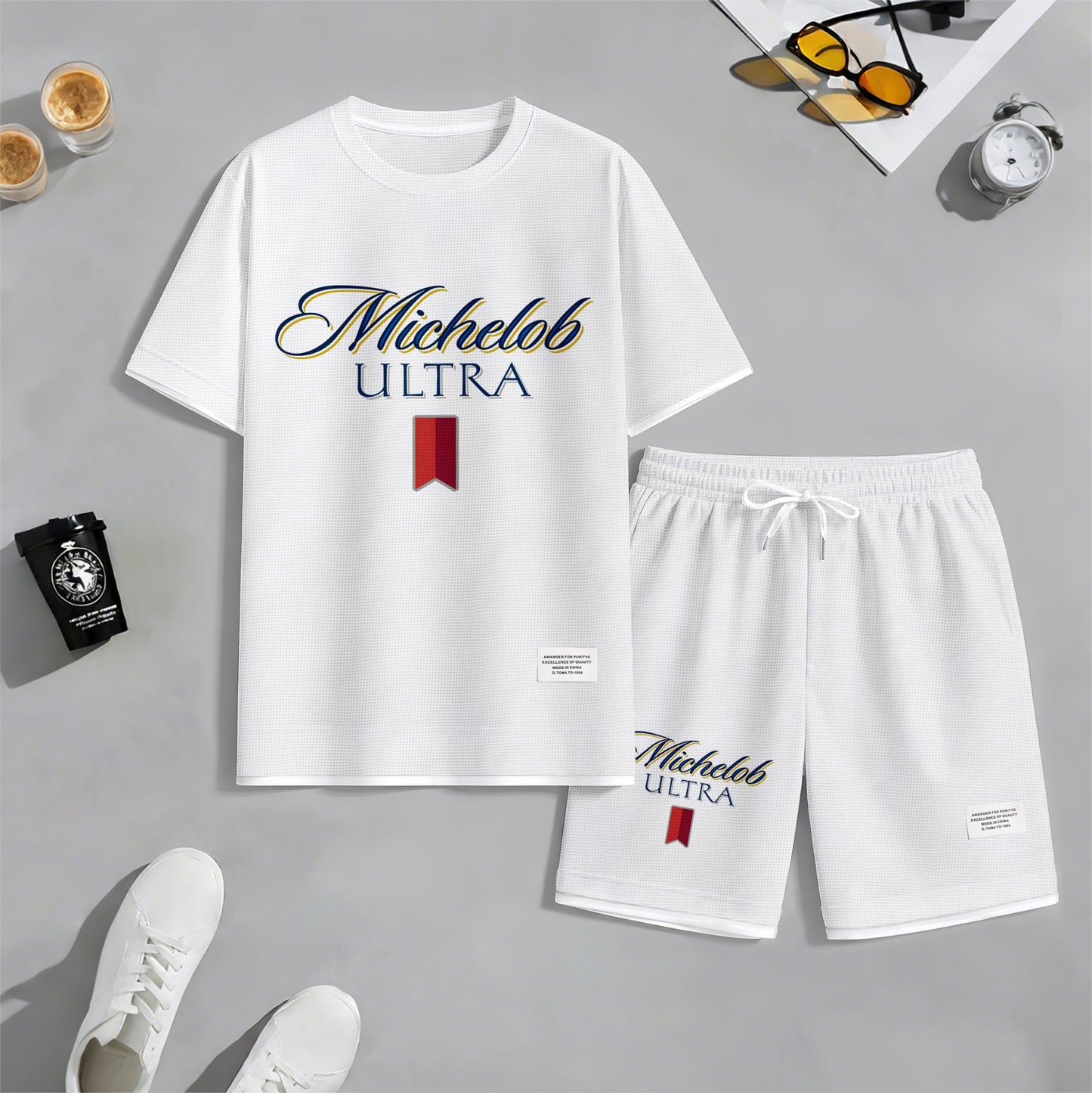 Men's Beer And Beverage Printed Drawstring Shorts Set, Suitable For Spring And Summer Wear, Casual Summer Set, Including Short-Sleeved Shirt And Shorts, Suitable For Everyday Wear And Sports 09