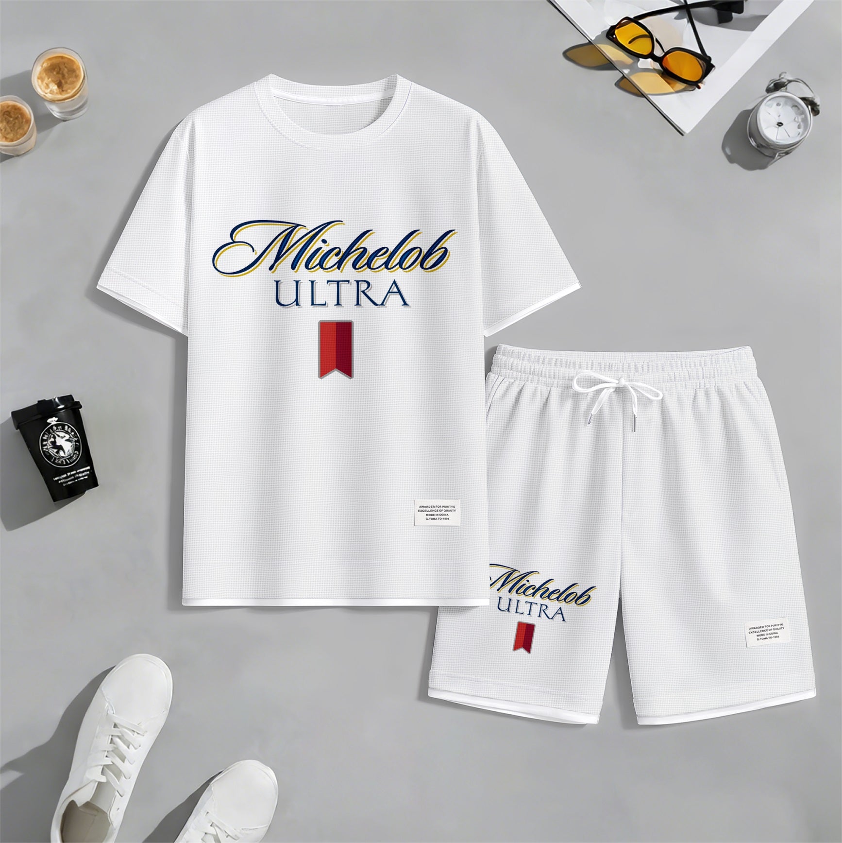 Men's Beer And Beverage Printed Drawstring Shorts Set, Suitable For Spring And Summer Wear, Casual Summer Set, Including Short-Sleeved Shirt And Shorts, Suitable For Everyday Wear And Sports 09