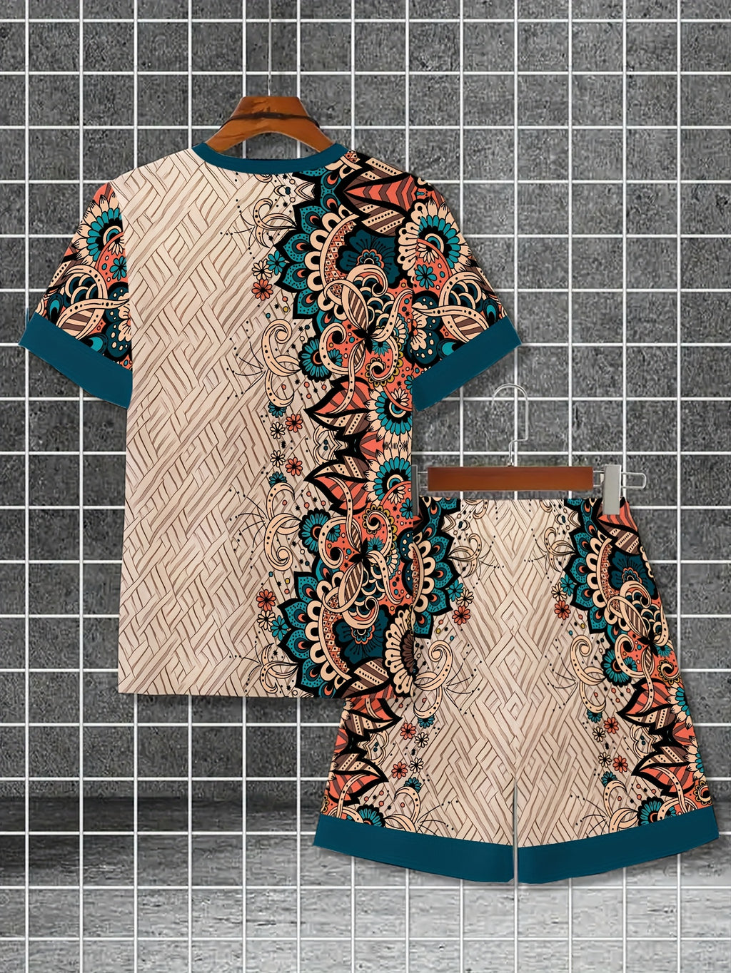 Men's Summer Retro Printed Round Neck Set 943