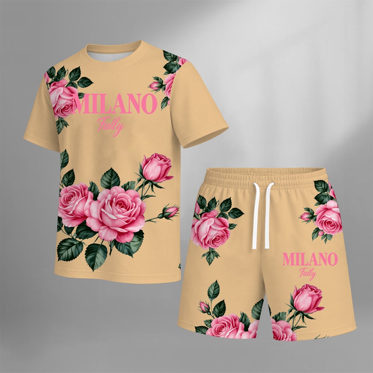 Men’s MILANO Graphic T Shirt and Shorts Set, Italy Inspired 2 Piece Matching Outfit with Short Sleeve Tee and Elastic Waist Drawstring Shorts, Soft Breathable Summer Set for Holiday, Street Style, Travel, and Everyday Wear