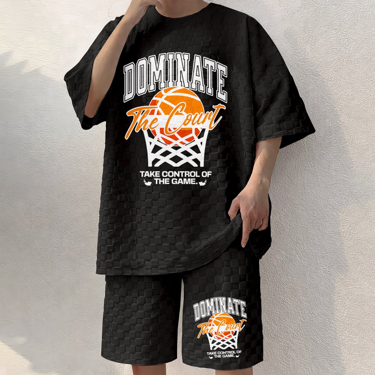 Men's Basketball Print Spring And Summer Drawstring Shorts Set, A Casual Summer Outfit, Including A Short-Sleeved Shirt And Shorts, Suitable For Everyday Wear And Sports Activities.