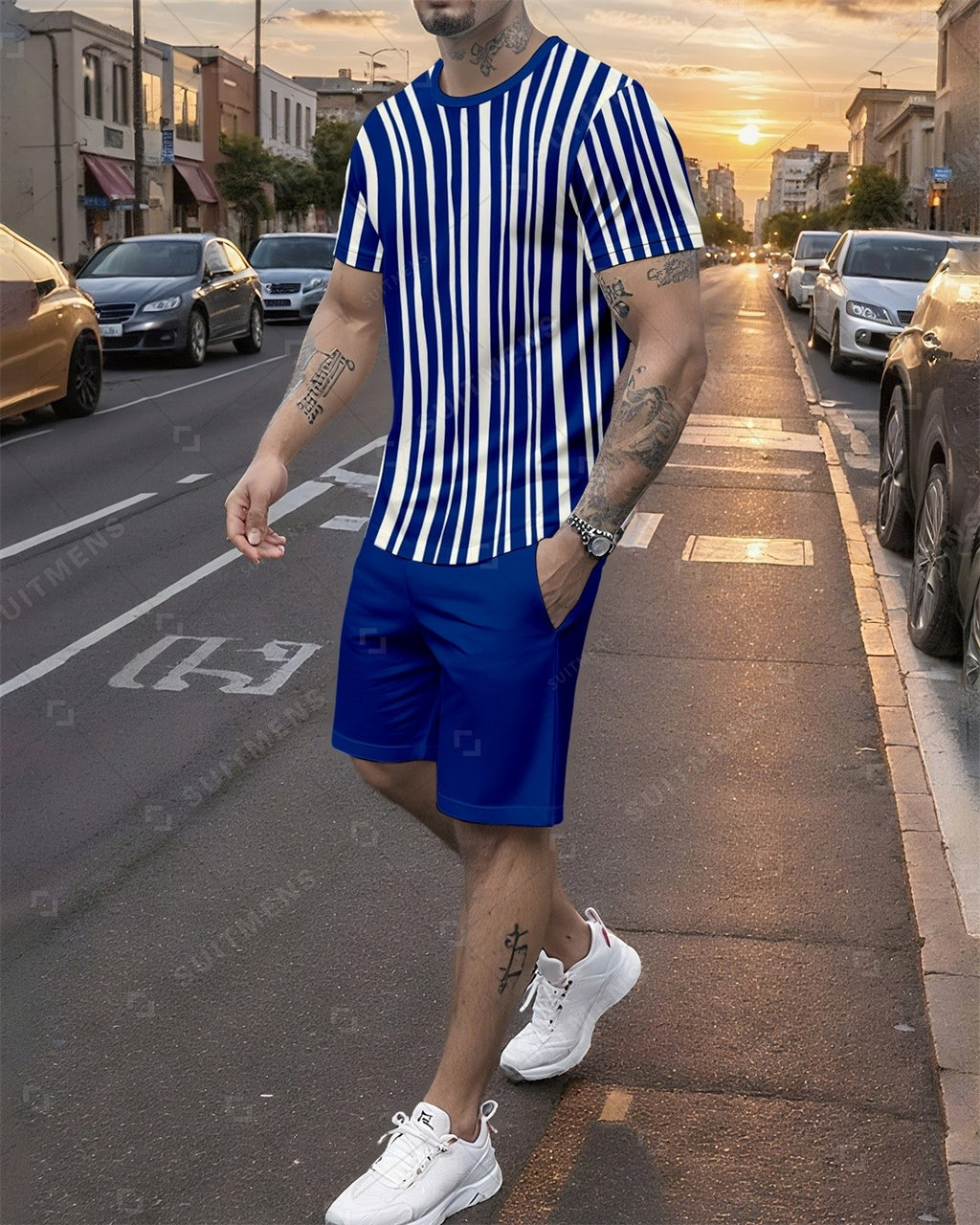 Men's Summer Colorblock Printed Round Neck Set 746