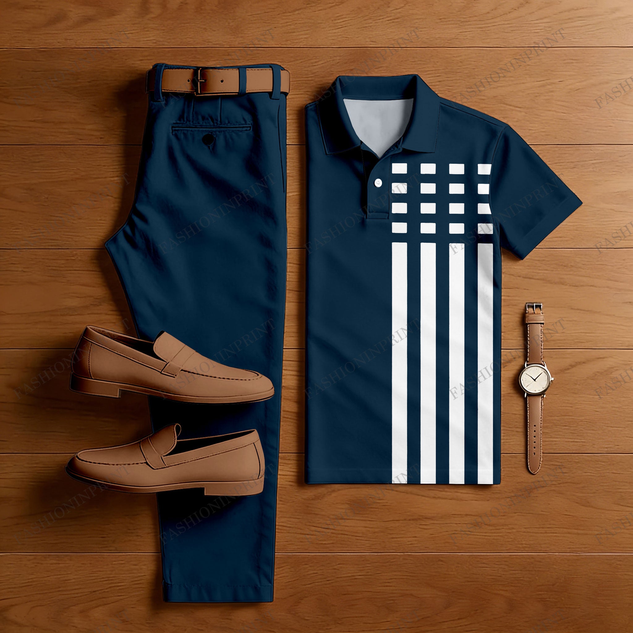 Men's Casual Dark Blue & White Color Matching Checkered Asymmetric Printed Short Sleeved Polo Shirt & Trousers Two-Piece Set