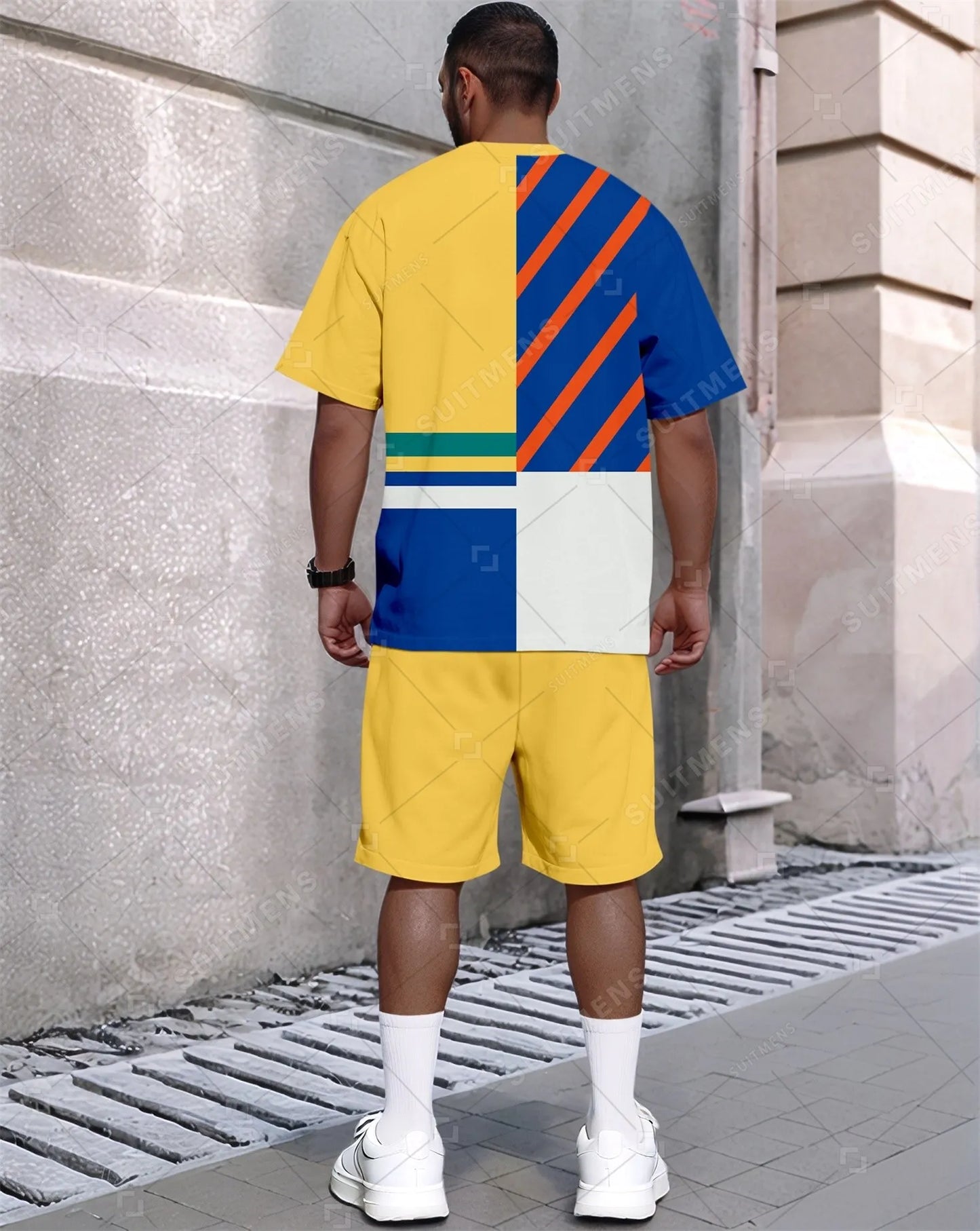 Men's Summer Colorblock Printed Round Neck Set 635