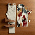 Men's Casual Khaki & Maroon Color Matching Retro Style Printed Short Sleeved Polo Shirt & Trousers Two-Piece Set 201161