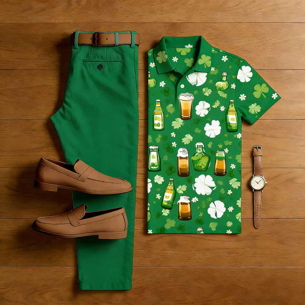 Men's Casual Green Color Matching Short Sleeved Polo Shirt & Trousers Two-Piece Set